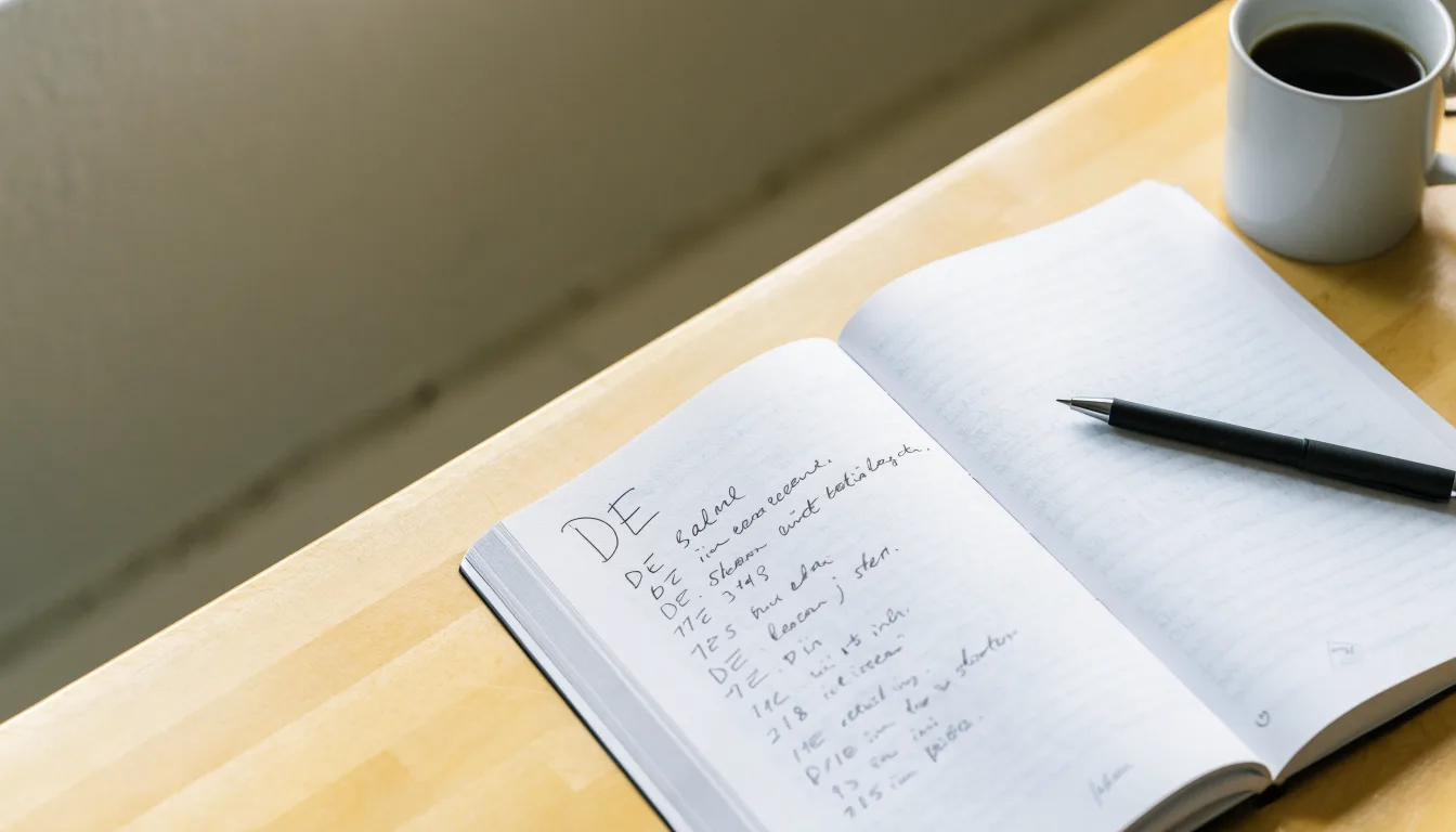 Ein aufgeschlagenes Notizbuch mit handschriftlichen Notizen und ein Kugelschreiber liegen auf einem hellen Schreibtisch neben einer Kaffeetasse.