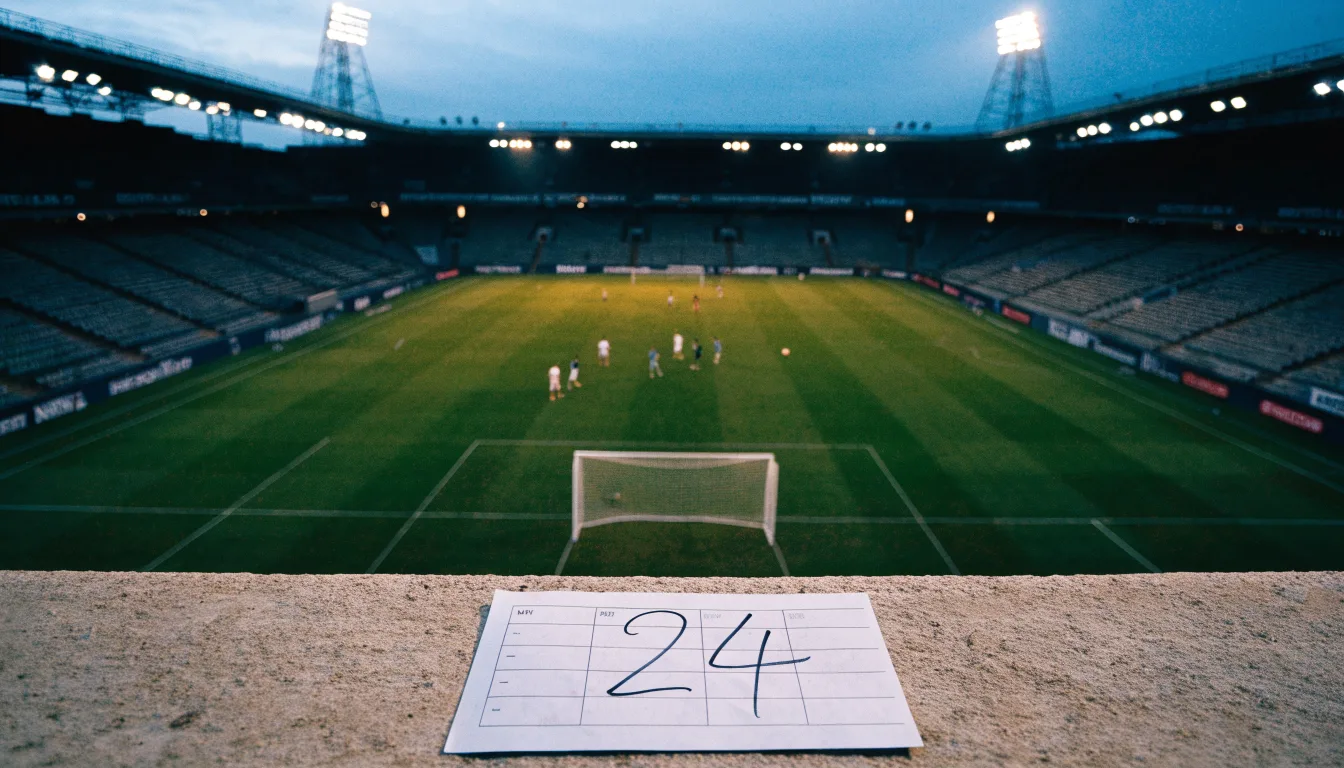 Ein Fußballplatz mit Flutlichtmasten in der Abenddämmerung, aus der Ferne gesehen, leere Tribünen und nasser Rasen unter bewölktem Himmel.
