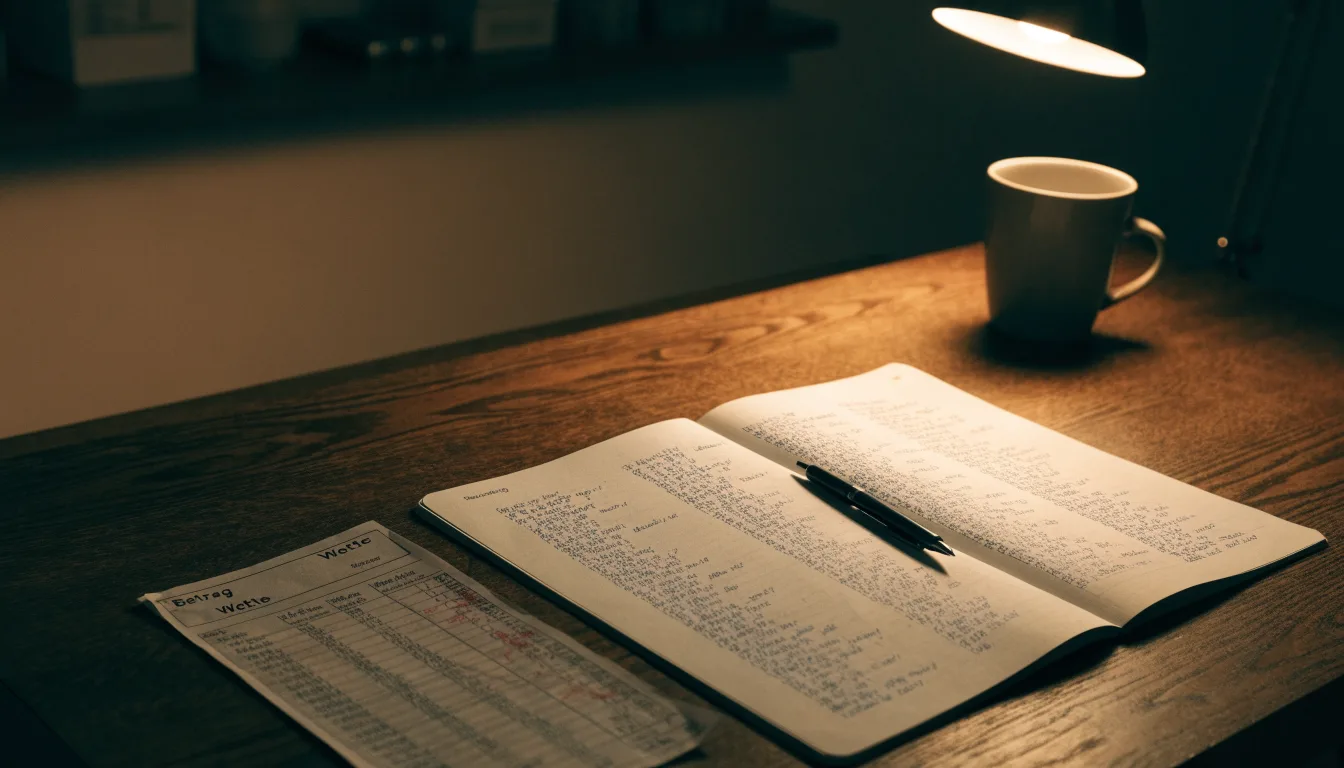 Ein Taschenrechner und ein Blatt Papier mit handschriftlichen Notizen liegen auf einem Schreibtisch unter dem warmen Licht einer Lampe.