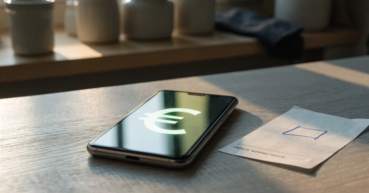 Eine Hand legt ein paar Münzen neben ein umgedrehtes Smartphone auf eine graue Tischplatte, dahinter verschwommen ein Küchenregal.