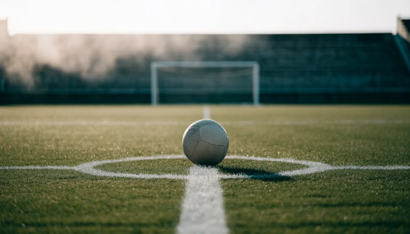 Ein Fußball liegt auf dem Elfmeterpunkt eines leeren Rasenplatzes, im Hintergrund eine Tribüne im Dunst.