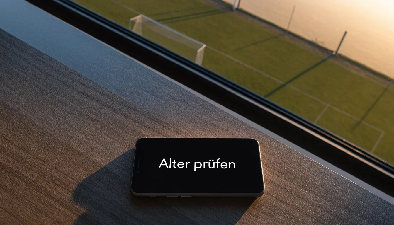 Ein Fußballtor mit Netz bei Sonnenuntergang auf einem leeren Platz, die Schatten der Torpfosten liegen lang auf dem Gras.