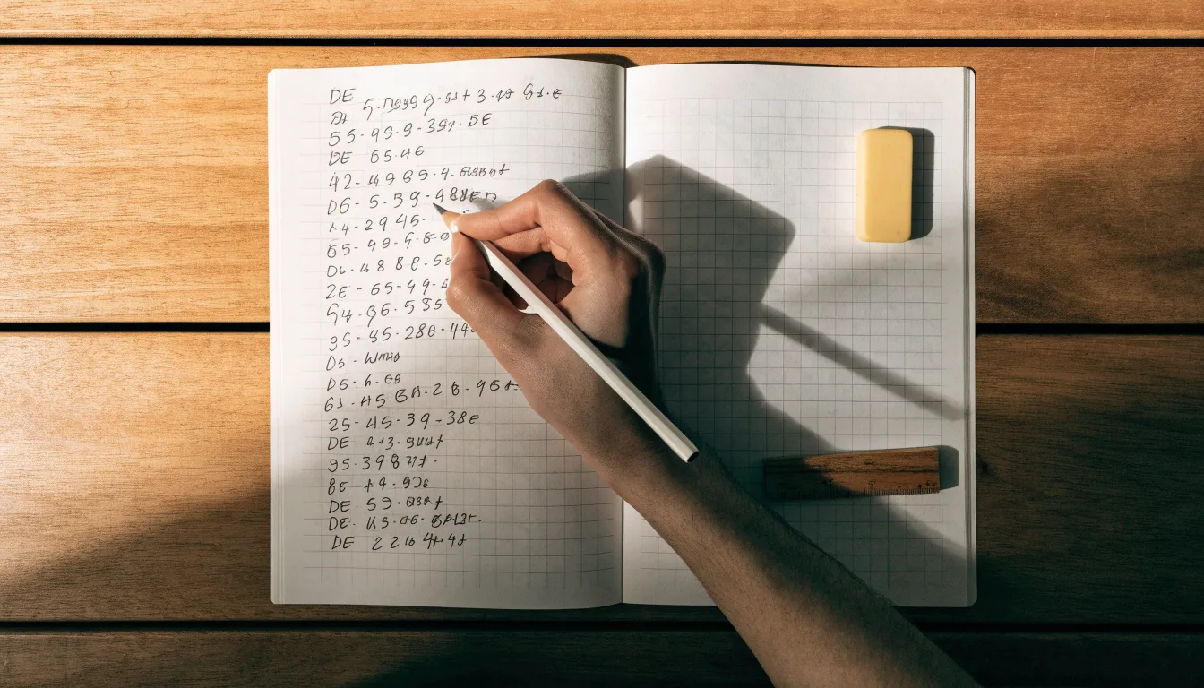 Eine Hand schreibt mit Bleistift Rechenschritte in ein kariertes Heft, daneben liegen ein Radiergummi und ein Taschenrechner.