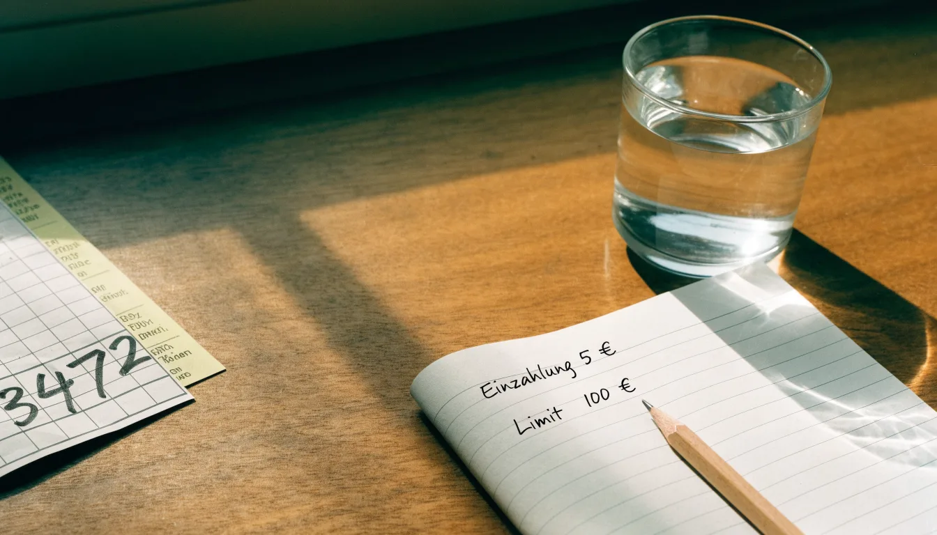 Ein aufgeschlagenes Heft mit handschriftlichen Notizen und ein Bleistift liegen auf einem Schreibtisch, daneben ein Glas Wasser.