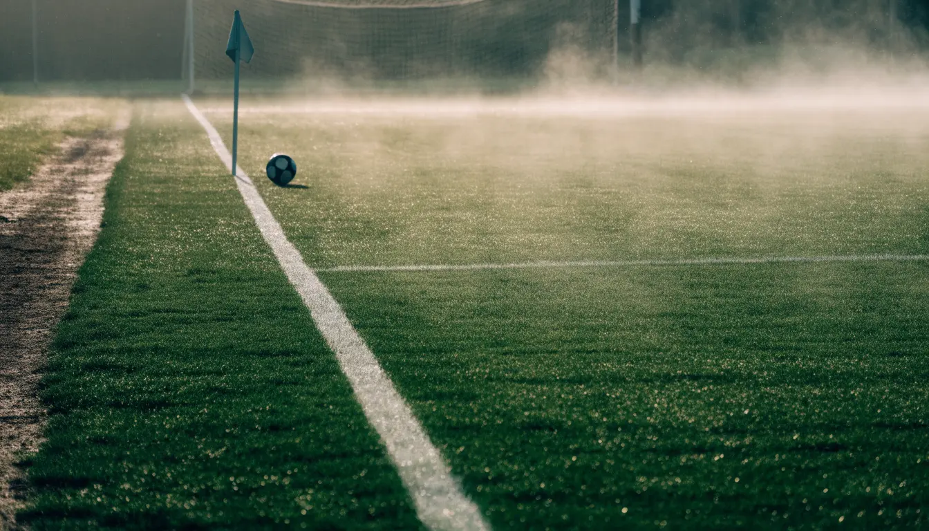 Der Rand eines Spielfelds mit weißer Linie und Eckfahne bei Nebel am frühen Morgen, ohne Menschen.