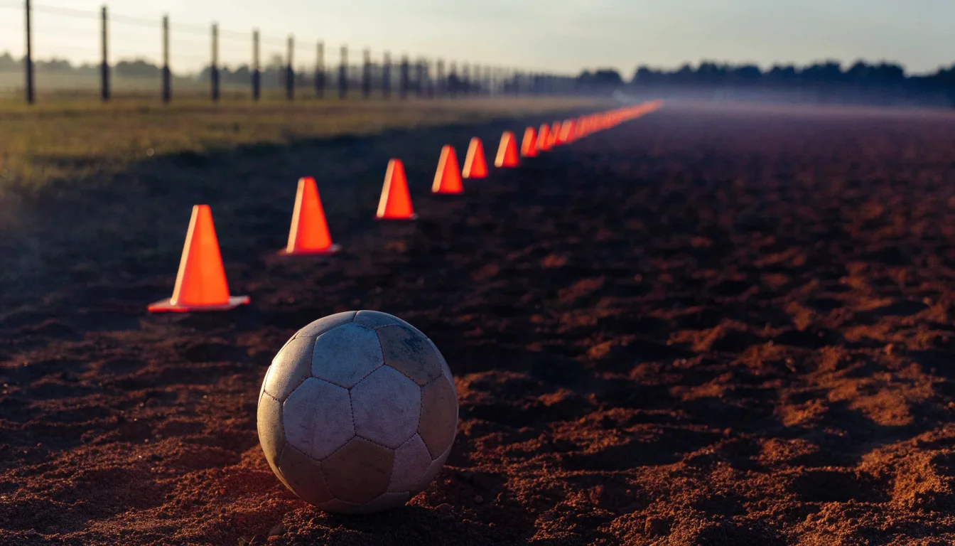 Ein Fußball auf rotem Sandboden neben einer Reihe Hütchen auf einem Trainingsplatz bei untergehender Sonne.