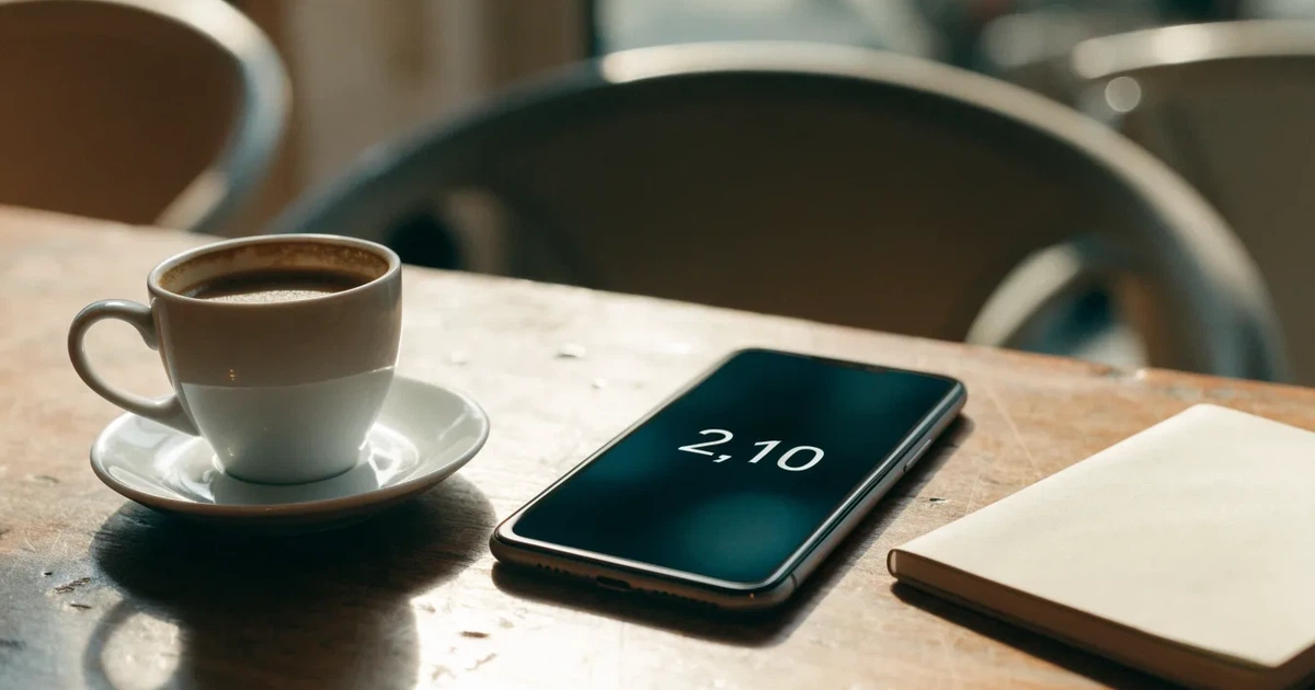 Ein Smartphone mit dunklem Bildschirm liegt auf einem Tisch in einem Café, daneben eine Tasse und ein Notizbuch.