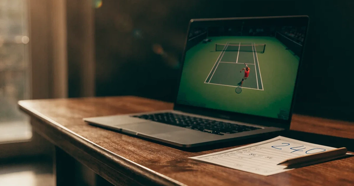 Ein leerer Tennisplatz mit Hartplatzbelag in der Morgendämmerung, das Netz im Gegenlicht und lange Schatten der Linien.