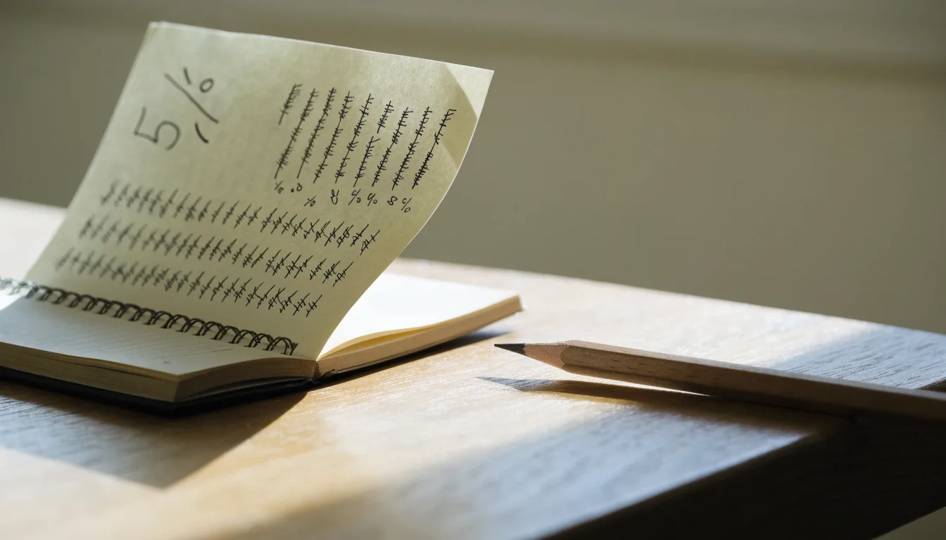 Ein handschriftlich geführtes Heft mit Strichlisten liegt neben einem Bleistift auf einem Tisch, seitlich fällt Tageslicht herein.