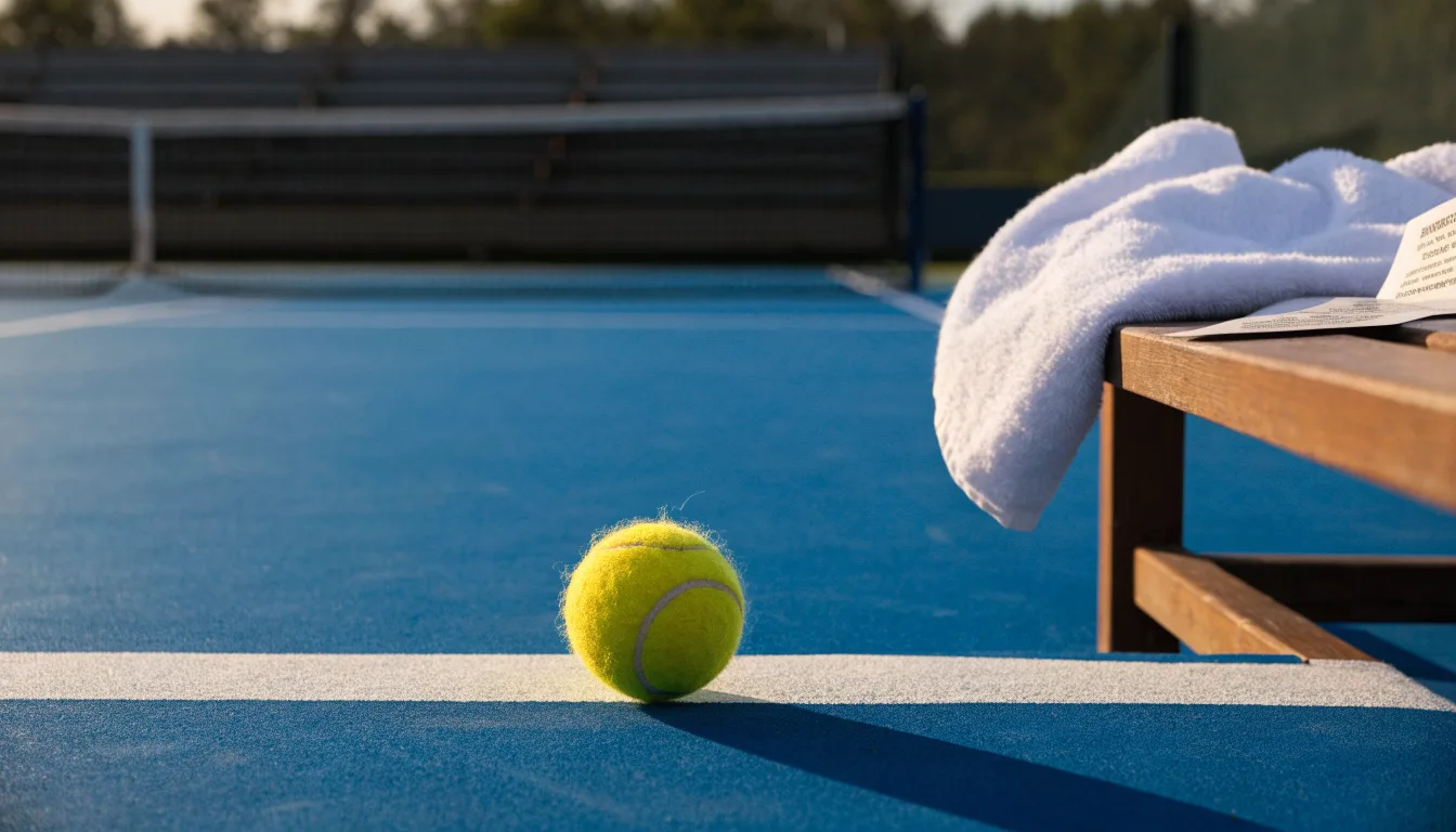 Ein gelber Tennisball liegt auf einer weißen Linie, daneben ein Handtuch auf einer Bank am Spielfeldrand.