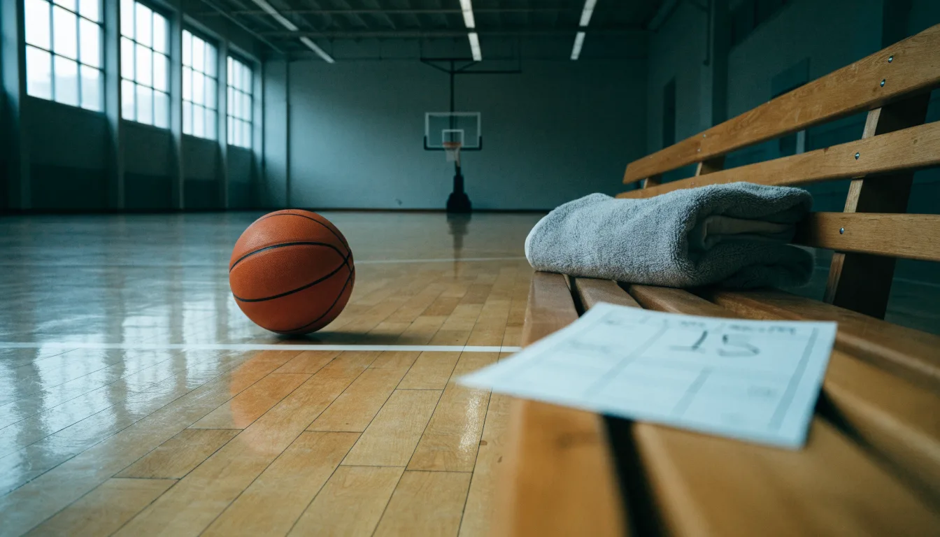 Ein Basketball liegt auf der Freiwurflinie einer Halle, im Vordergrund ein Handtuch auf einer Bank.