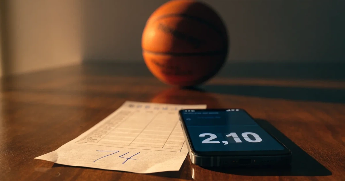 Eine leere Basketballhalle mit glänzendem Parkett und einem Korb im Hintergrund, Licht von Deckenstrahlern spiegelt sich im Boden.