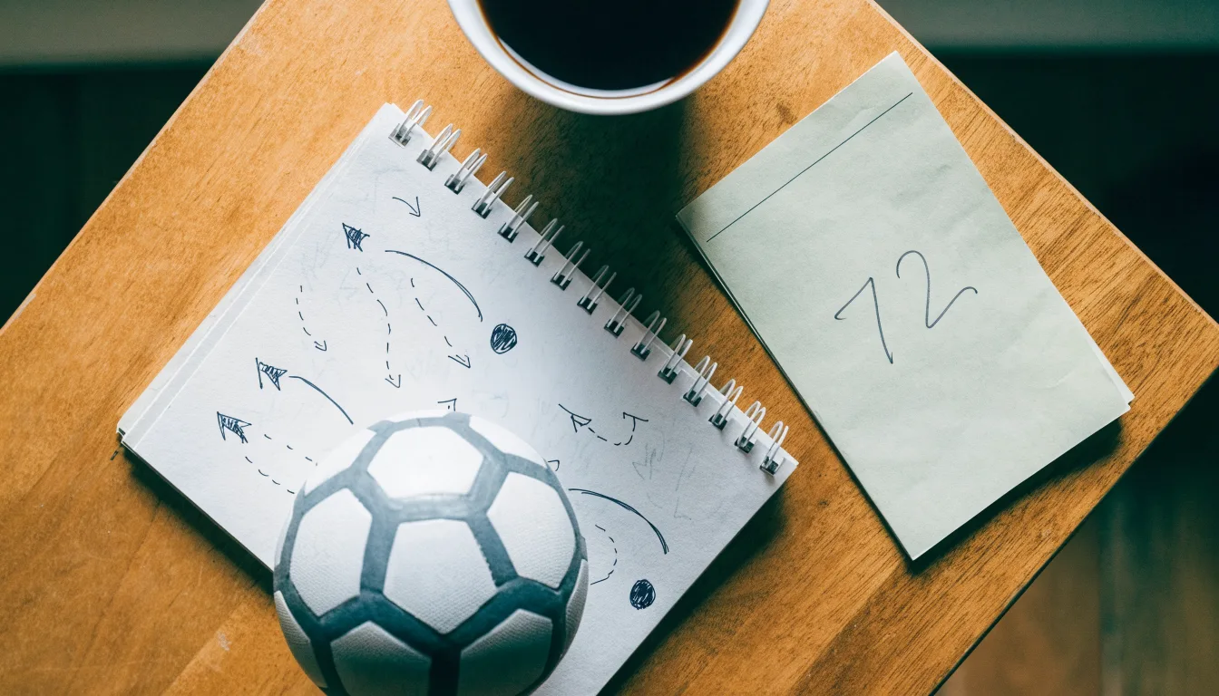 Ein Fußball liegt auf einem Notizbuch mit handgezeichneten Skizzen von Spielzügen, aufgenommen von oben auf einem Holztisch.