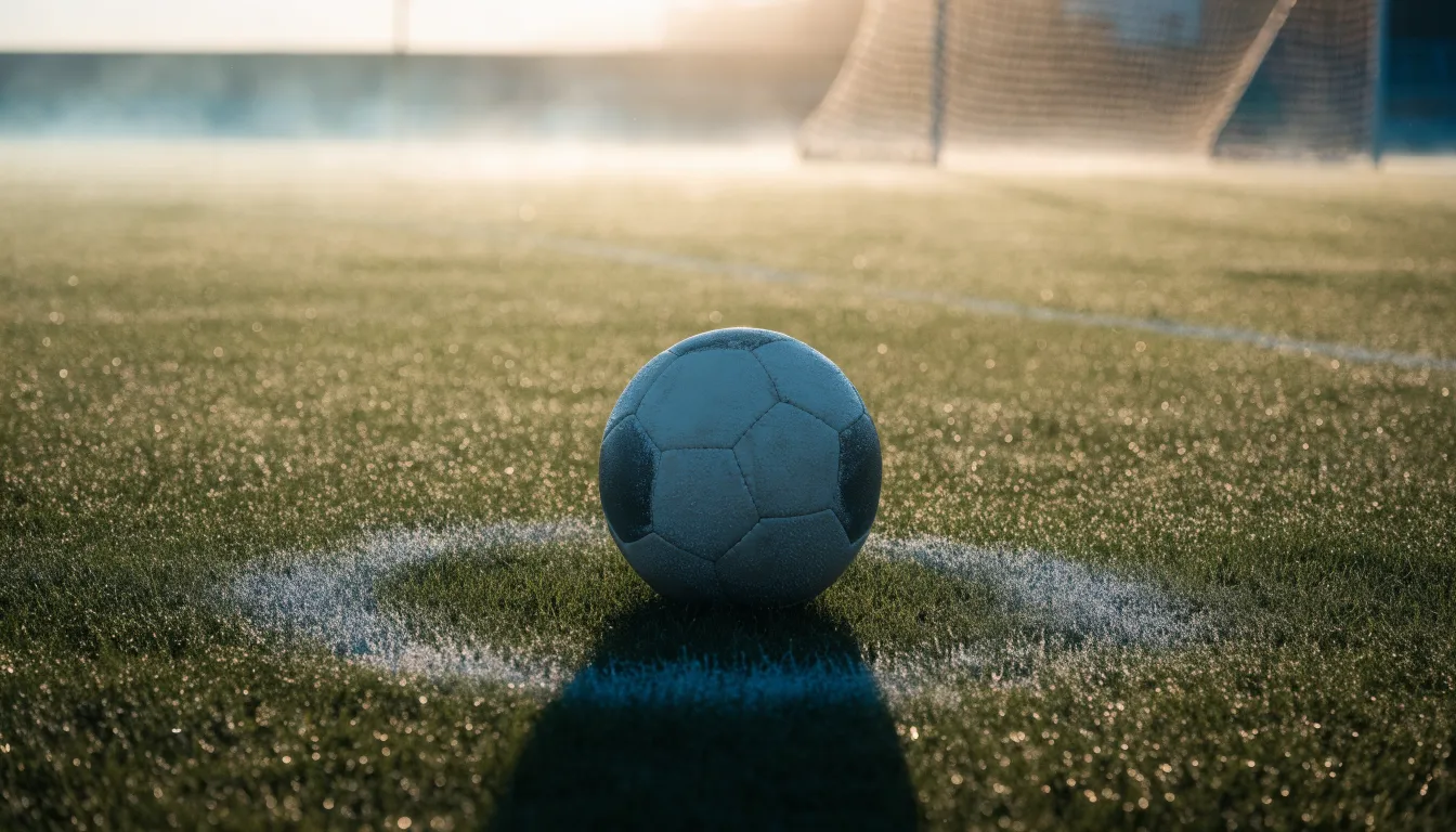 Ein Fußball liegt auf dem Anstoßpunkt eines Rasens bei Sonnenaufgang, Tau glitzert auf den Halmen.