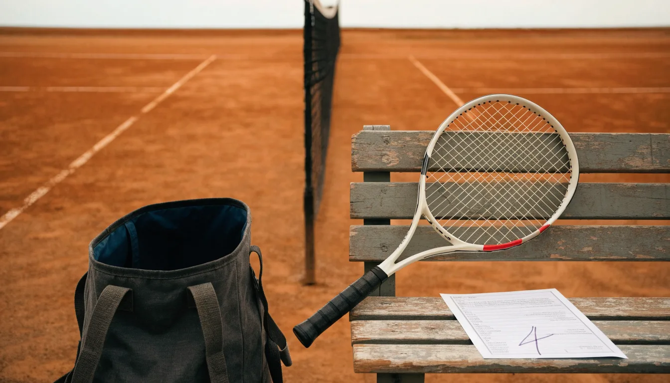 Ein Tennisschläger lehnt an einer Bank neben einer Sporttasche, im Hintergrund ein leerer Platz.