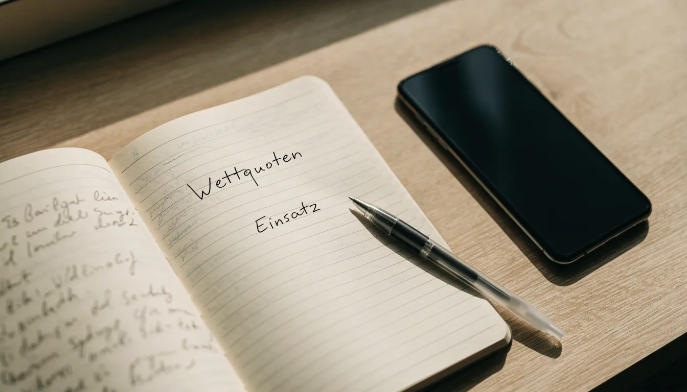 Ein Notizbuch mit handschriftlichen Notizen und ein Kugelschreiber liegen neben einem Smartphone mit dunklem Display auf einem Holztisch.