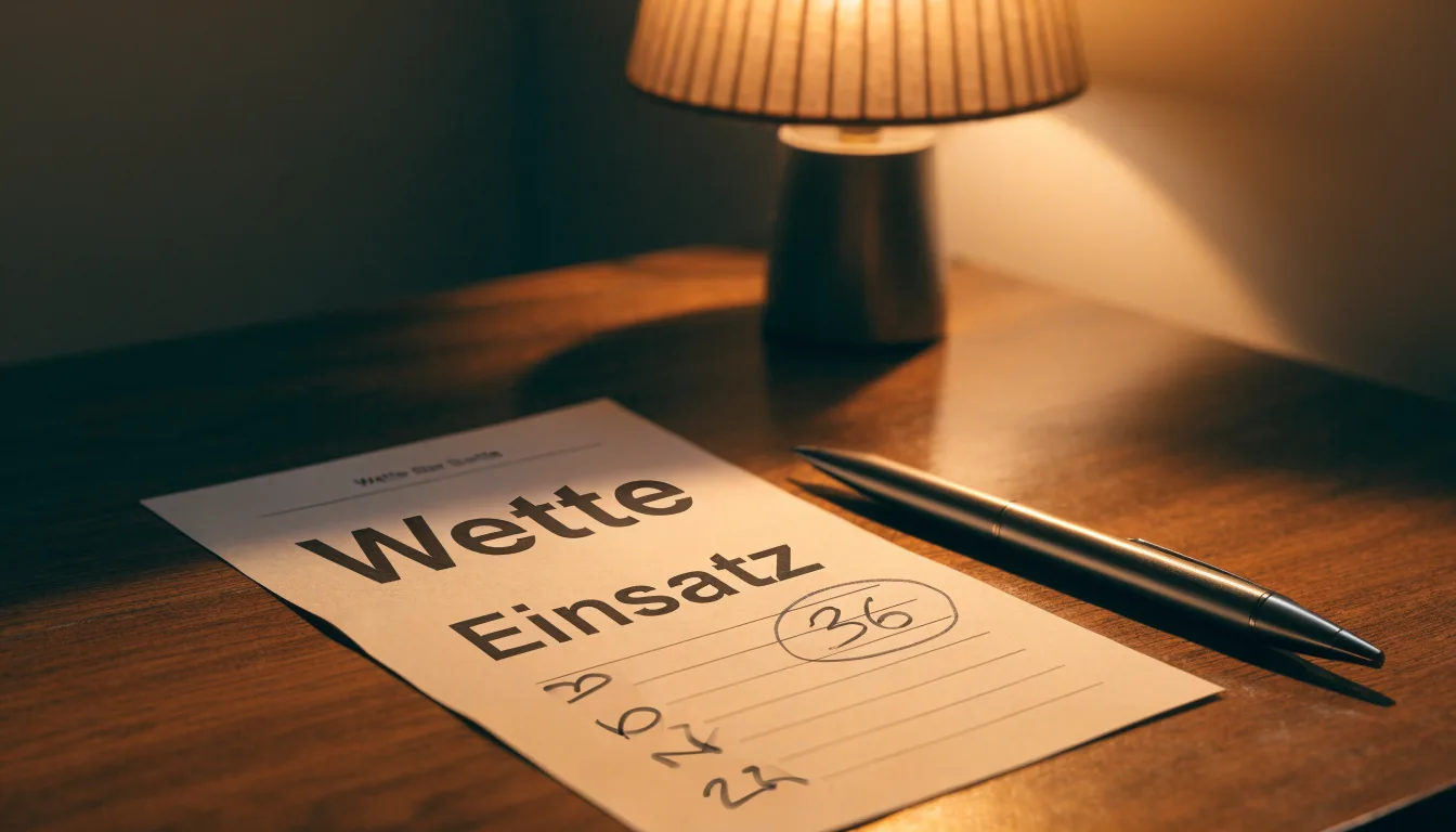 Ein leerer Wettschein aus Papier liegt neben einem Stift auf einem Schreibtisch im Licht einer kleinen Tischlampe.