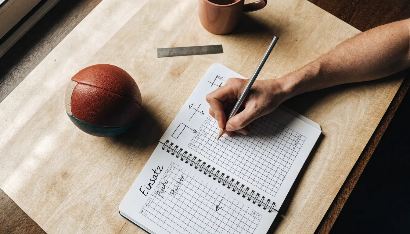 Eine Hand notiert mit Bleistift Zahlen in ein kariertes Heft, daneben liegt ein kleiner Lederfußball auf einer Holzplatte.