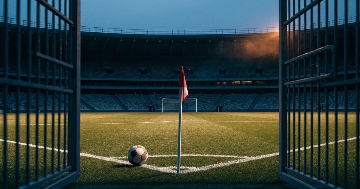 Blick durch ein Stadiontor auf einen grünen Rasen im Abendlicht, ein Ball ruht an der Eckfahne, die Tribünen sind leer.