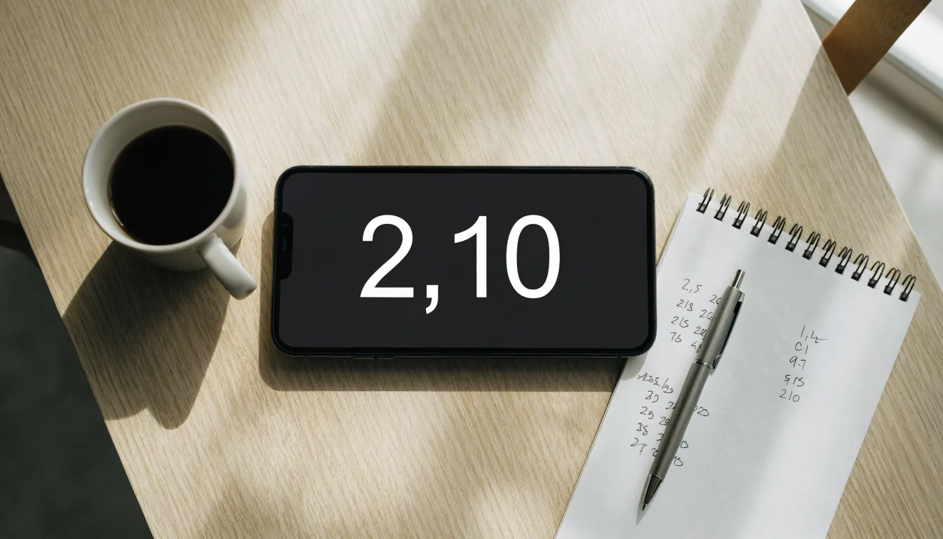Ein Smartphone mit dunklem Display liegt neben einer Kaffeetasse und einem Notizblock auf einem hellen Tisch.