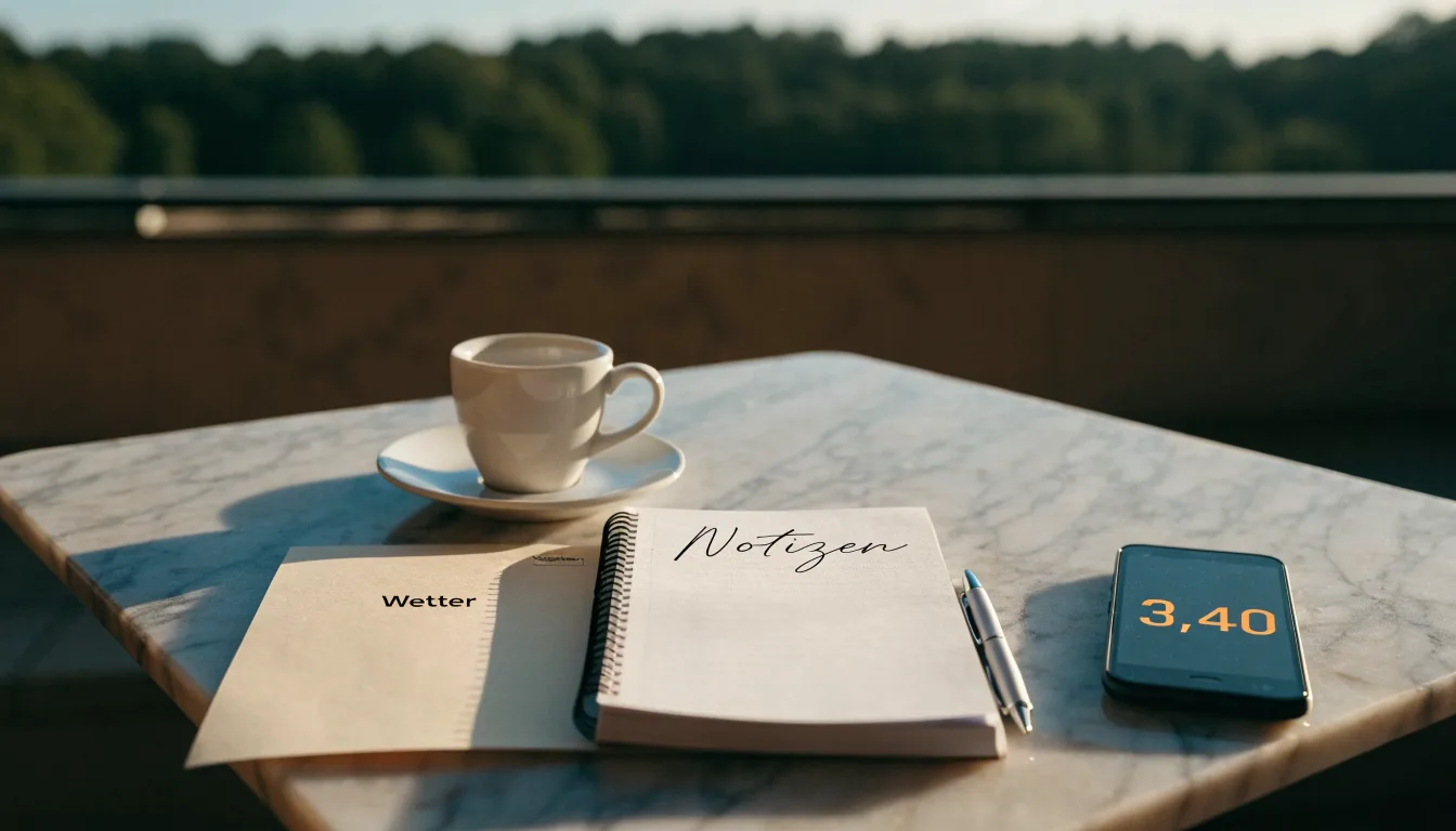 Eine Espressotasse steht auf einem kleinen Marmortisch einer Terrasse, daneben ein Notizheft mit handschriftlichen Skizzen.