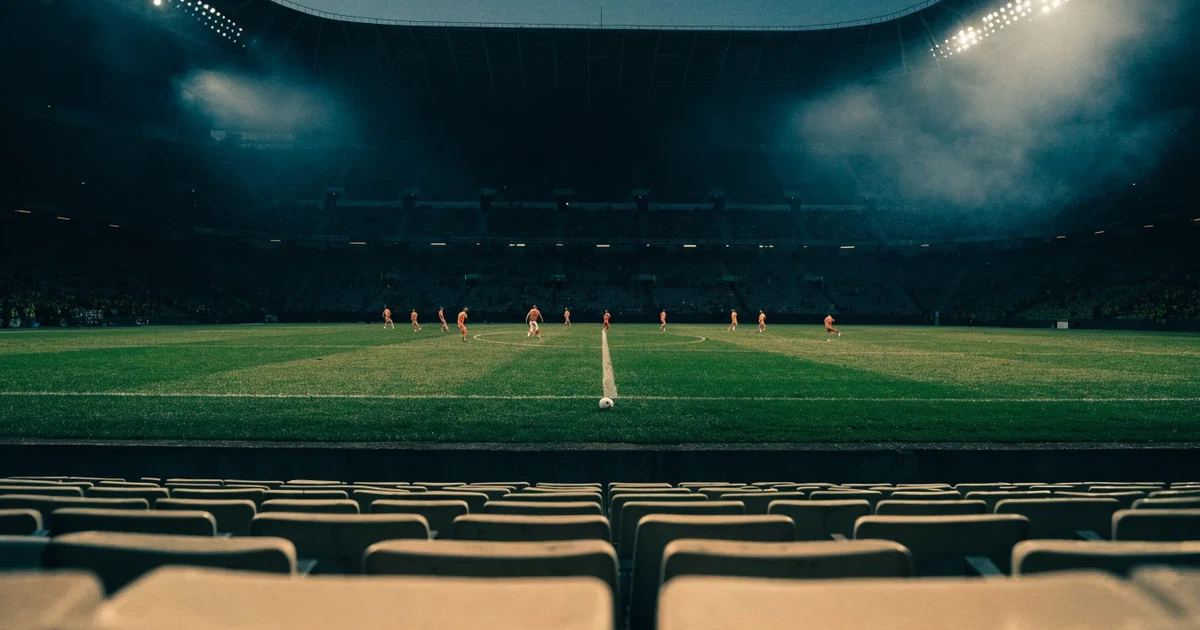 Leere Sitzreihen eines großen Stadions unter Flutlicht, dahinter die ferne Sicht auf den hell beleuchteten Rasen nach Sonnenuntergang.
