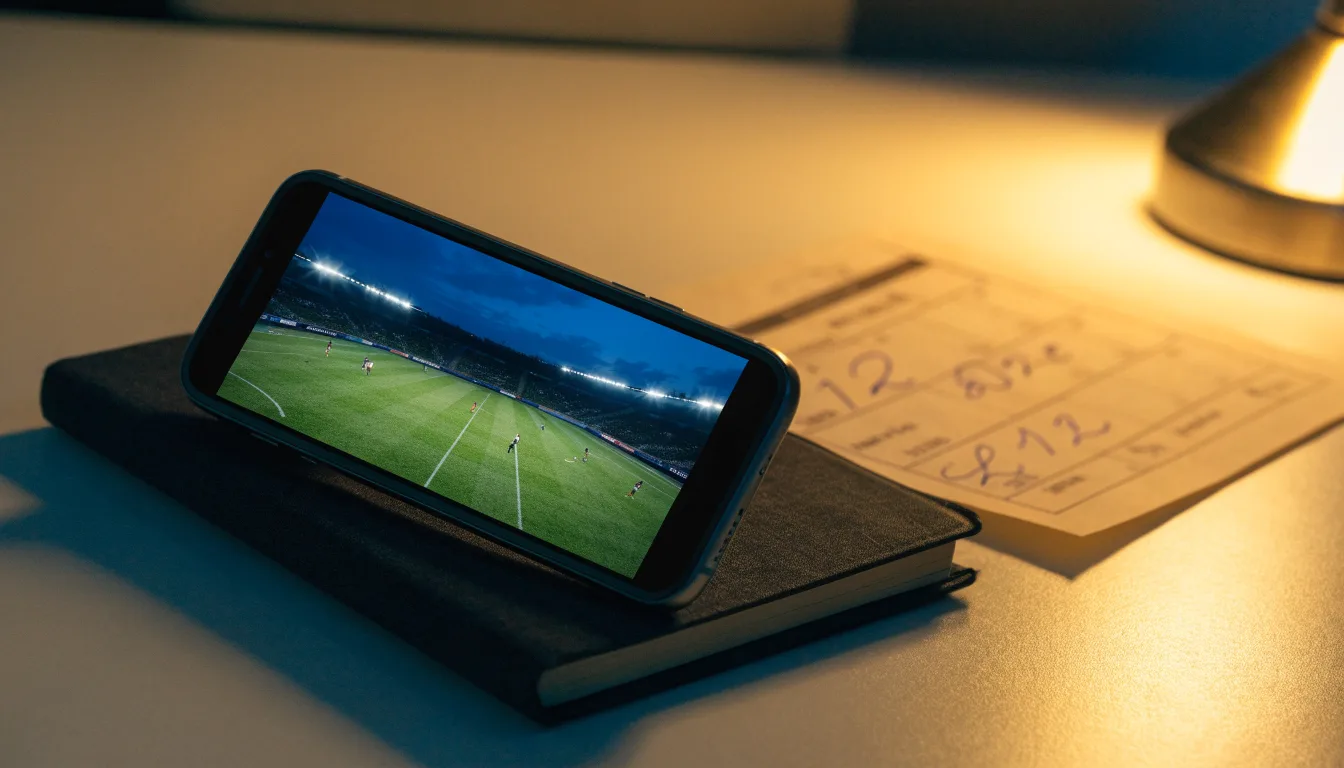 Eine leere Stadiontribüne unter Flutlicht aus der Ferne betrachtet, die Rasenfläche leuchtet grün in der Dämmerung.