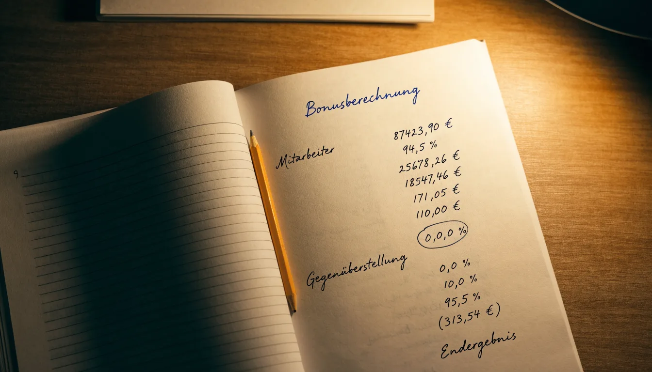 Ein Notizbuch mit handschriftlichen Rechnungen und ein Taschenrechner liegen auf einem aufgeräumten Schreibtisch in warmem Licht.