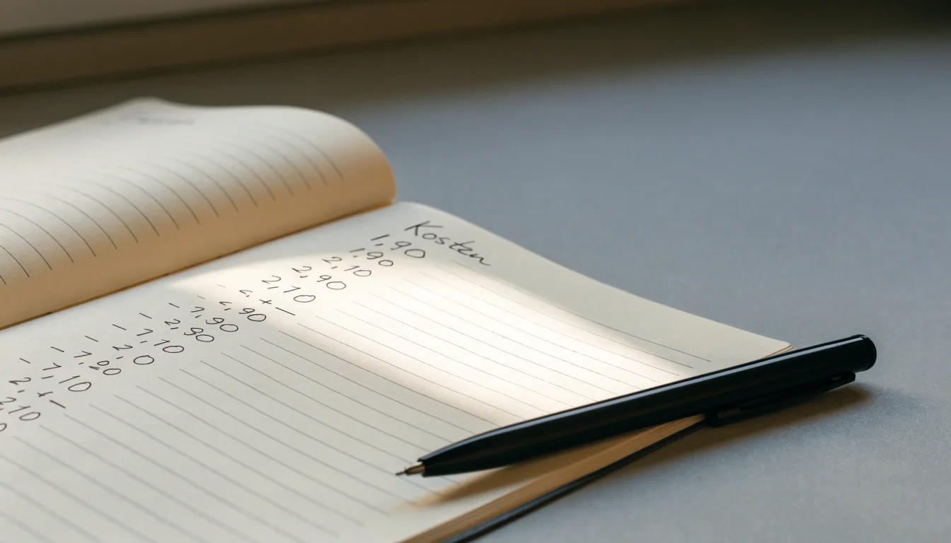 Ein Taschenrechner, ein Bleistift und ein Block mit handschriftlichen Zahlenreihen liegen auf einer grauen Arbeitsfläche.