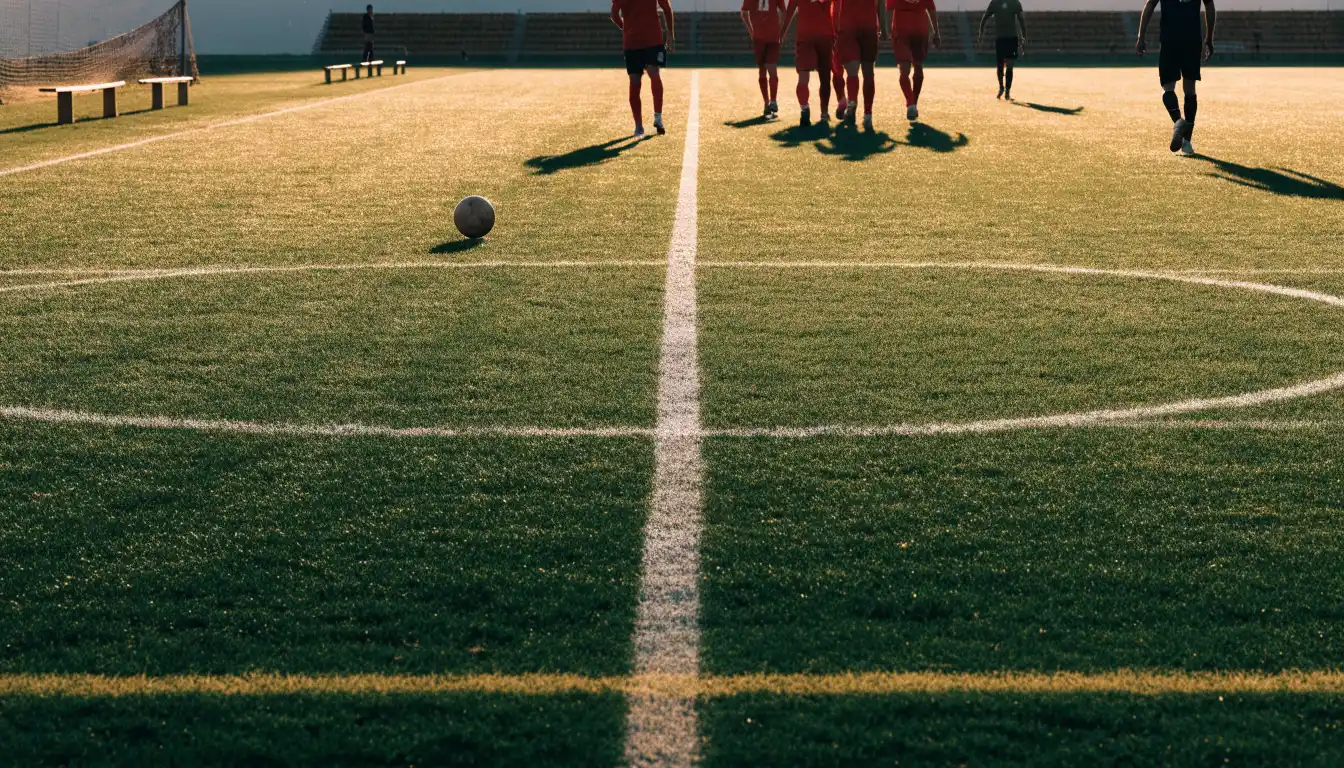 Ein Fußballplatz mit frisch gezogenen Kreidelinien im ersten Morgenlicht, leere Ersatzbänke am Spielfeldrand.