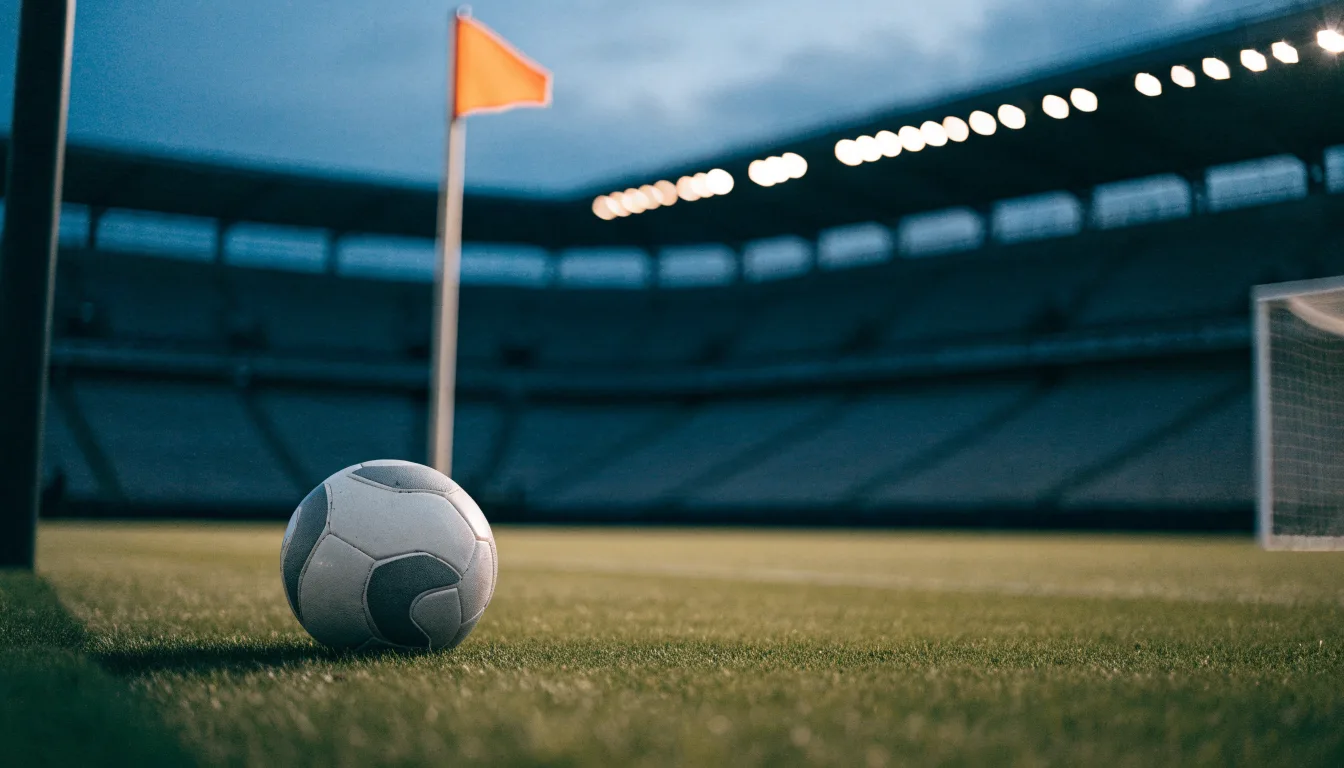 Ein Fußball liegt neben einem Eckfahnen-Pfosten auf einem Rasenplatz, im Hintergrund ein leeres Stadion in der Dämmerung.