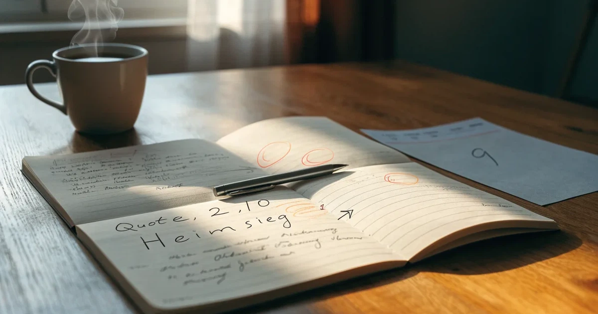 Ein aufgeklapptes Notizbuch mit handschriftlichen Pfeilen und Kreuzen liegt neben einem Kugelschreiber und einem Becher Kaffee auf einem Tisch am Fenster.