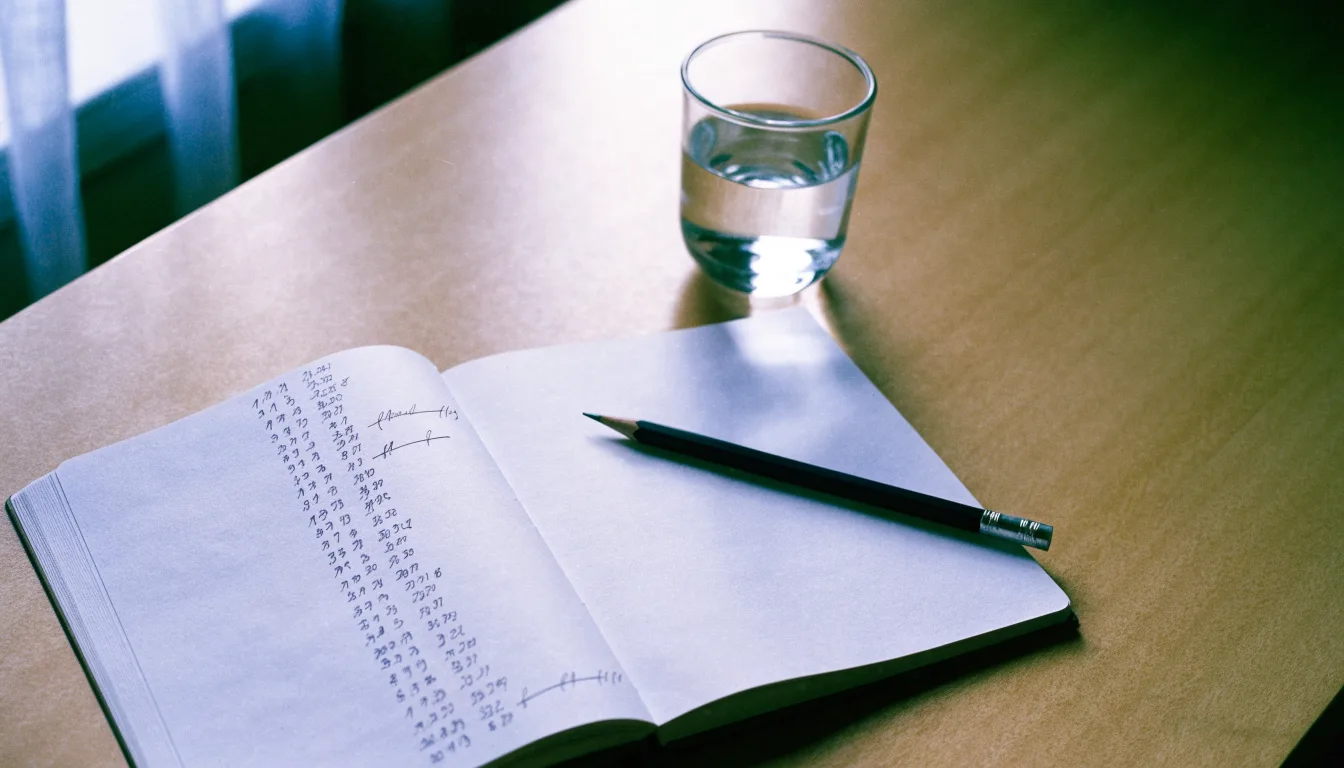 Ein Taschenrechner liegt auf einem Schreibtisch neben einem Block mit handschriftlichen Rechnungen und einem Glas Wasser.
