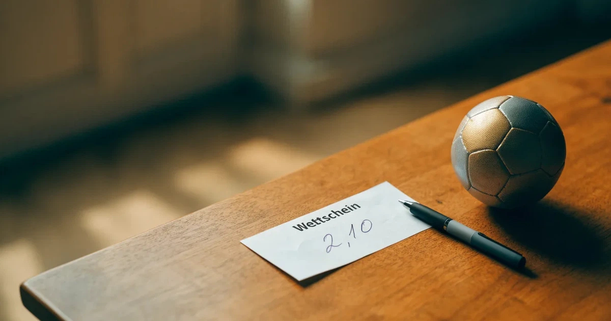 Ein leerer Papier-Wettschein und ein Kugelschreiber liegen neben einem kleinen Fußball auf einem Holztisch, weiches Fensterlicht.