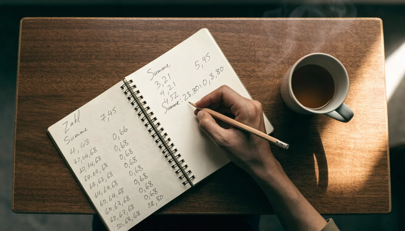 Ein Schreibtisch mit Taschenrechner, Bleistift und einem Block voller handschriftlicher Rechnungen, daneben eine Tasse Tee.