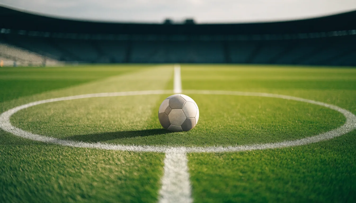 Ein Fußball liegt auf dem Rasen im Mittelkreis, die Kreidelinien führen scharf ins Bild, dahinter verschwimmt eine Tribüne.