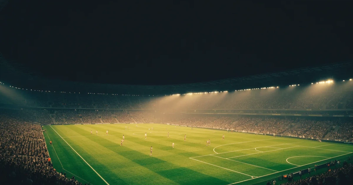 Ein großes Stadion bei Nacht, aus der Ferne unter Flutlicht gesehen, die Ränge hell erleuchtet, der Rasen leuchtend grün.