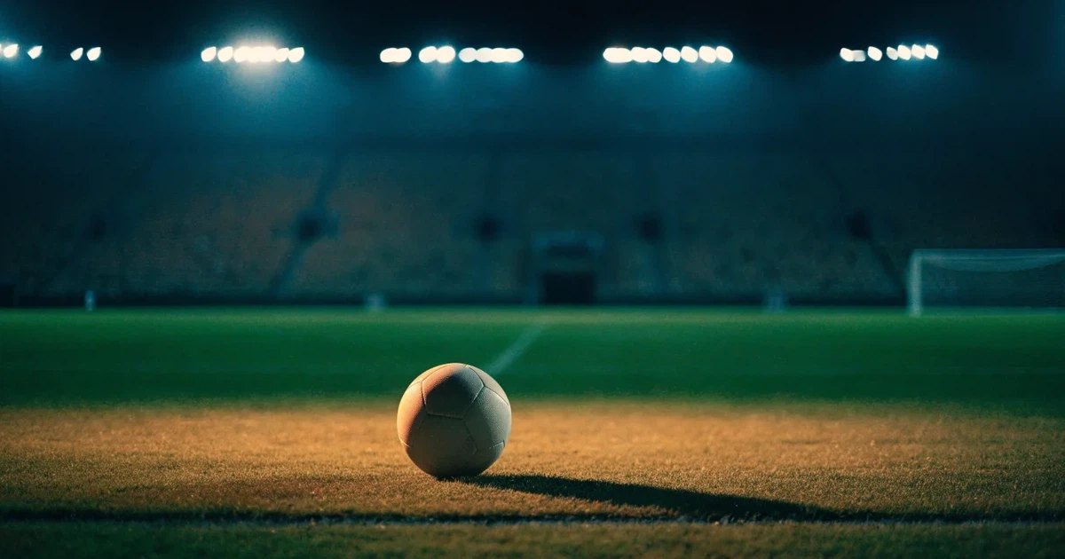 Ein Fußball liegt auf dem Rasen eines leeren Stadions bei Flutlicht, im Hintergrund unscharfe Tribünen ohne erkennbare Beschriftung.