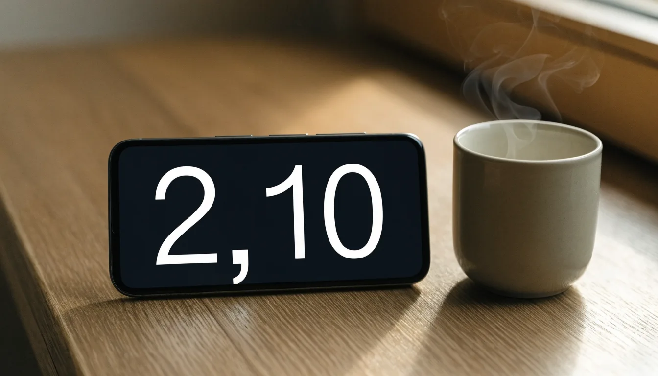 Ein Smartphone mit dunklem Display liegt neben einer Kaffeetasse auf einem Holztisch im Licht eines Fensters.