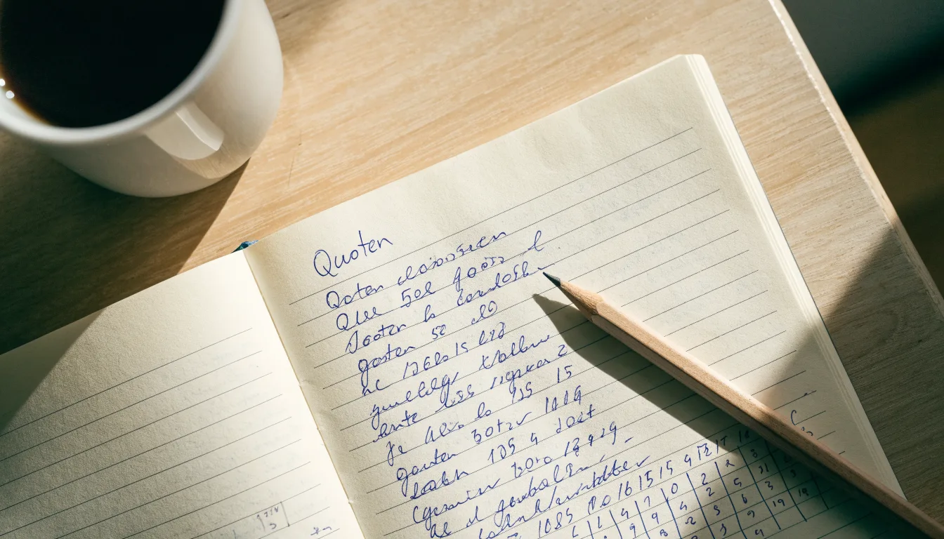 Ein aufgeschlagenes Notizbuch mit handgeschriebenen Stichpunkten und ein Bleistift liegen neben einer Kaffeetasse auf einem hellen Holztisch.
