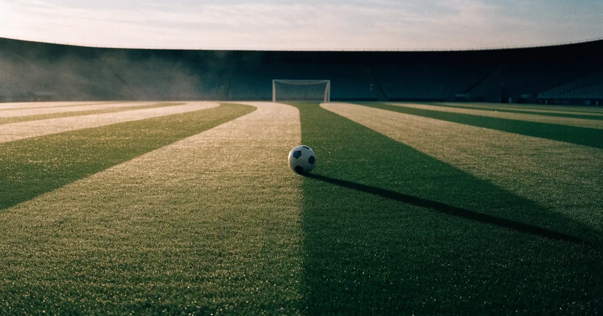 Ein Fußball liegt auf dem Mittelkreis eines Stadionrasens am frühen Morgen, im Hintergrund leere Ränge ohne erkennbare Beschriftung.