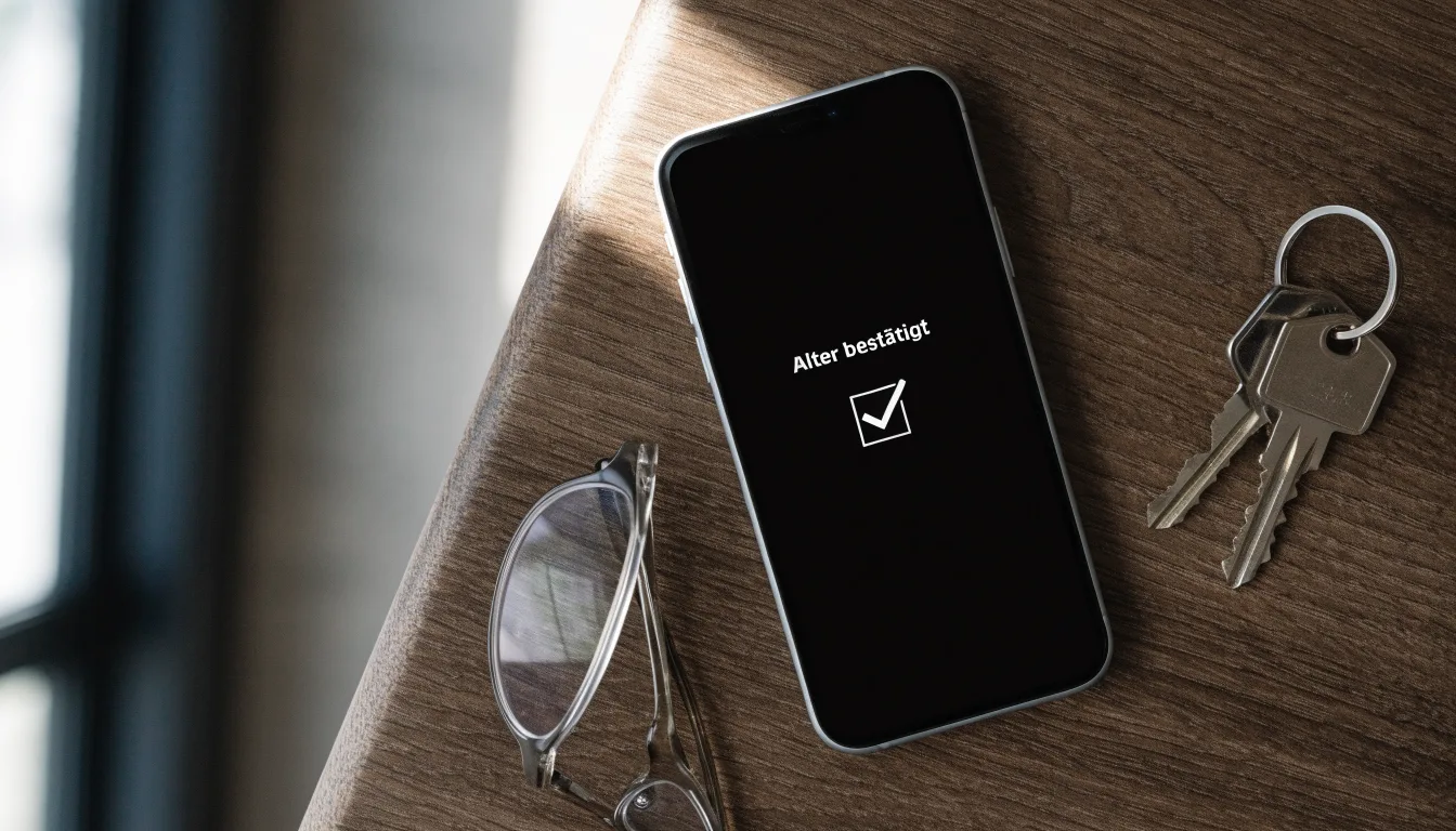 Ein Smartphone liegt mit dunklem Display auf einem Holztisch neben einem Schlüsselbund und einer Brille im Licht eines Fensters.