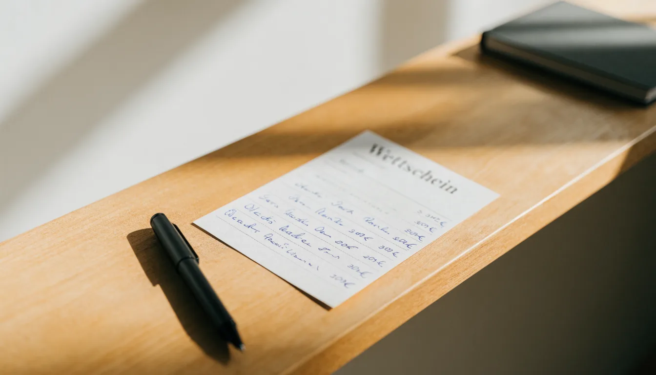 Ein leerer Papier-Wettschein und ein Kugelschreiber liegen auf einer Theke aus hellem Holz im Tageslicht.