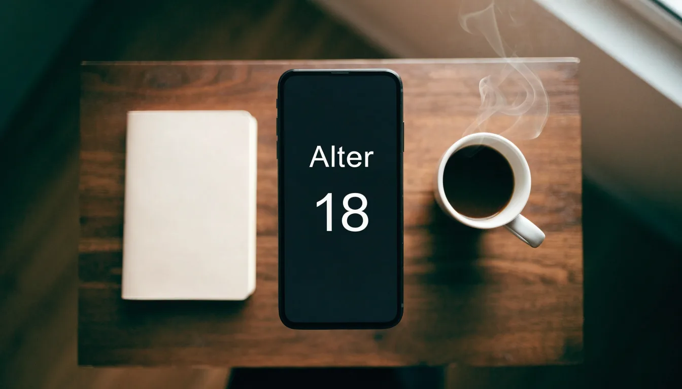 Ein Smartphone liegt mit dunklem Display auf einem Schreibtisch neben einem Notizbuch und einer Kaffeetasse.