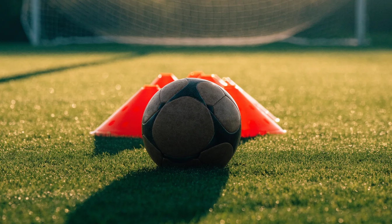 Ein Fußball liegt auf einem Rasenplatz bei Sonnenaufgang, daneben ein kleiner Stapel Trainingshütchen.