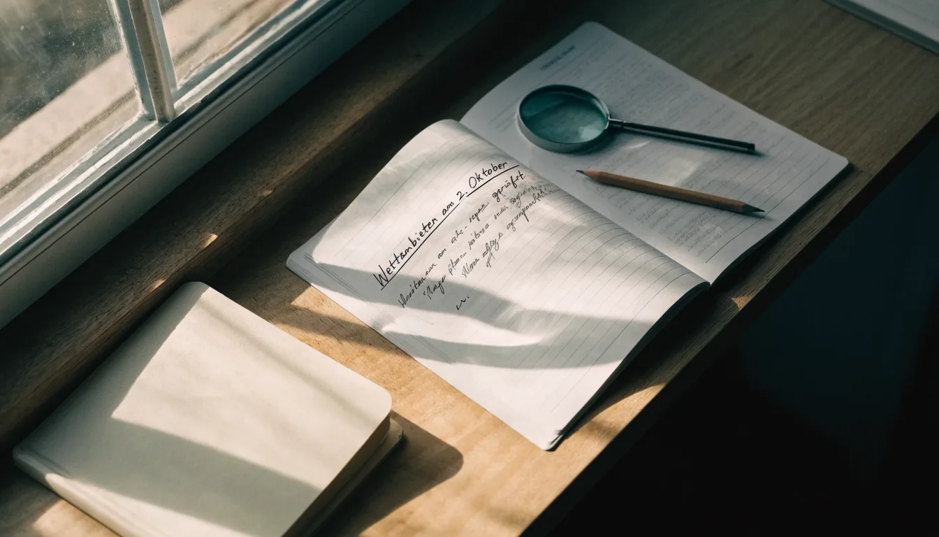 Ein schmaler Schreibtisch am Fenster mit einem Notizbuch, einer Lupe und einem Bleistift im Morgenlicht.