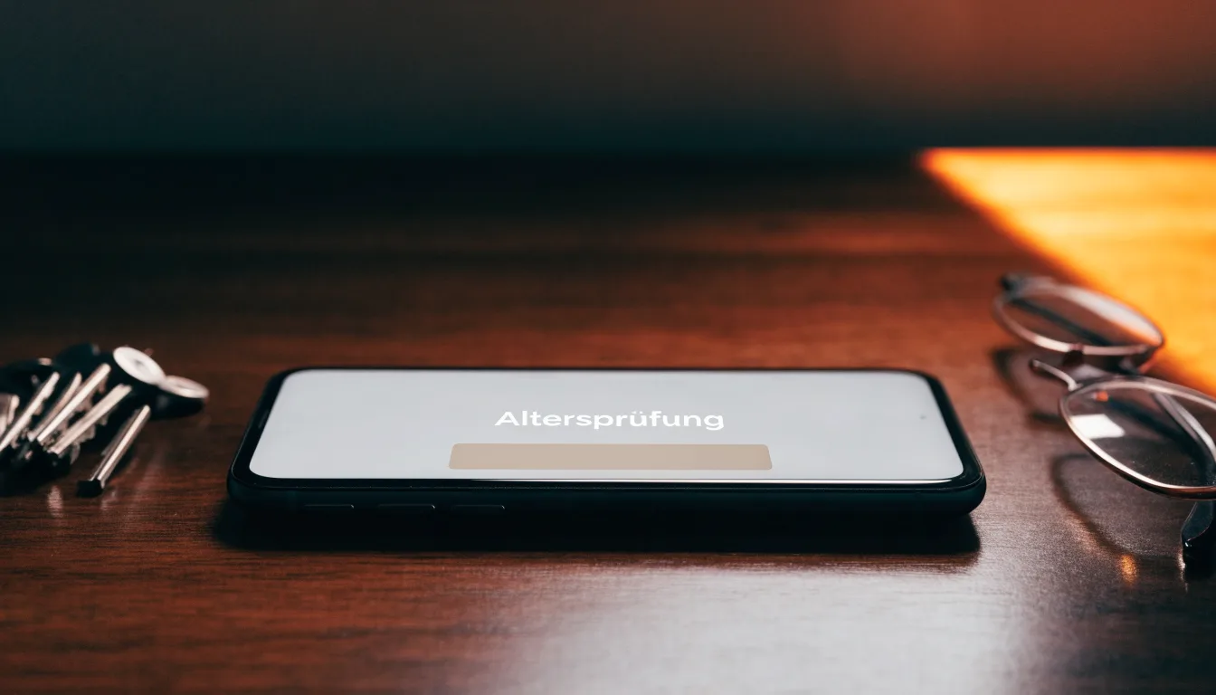 Ein Smartphone liegt mit dunklem Display auf einem Schreibtisch neben einem Schlüsselbund und einer Brille.