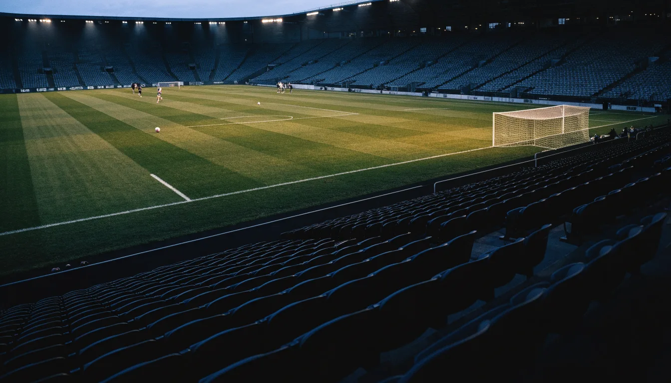 Eine leere Stadiontribüne unter Flutlicht aus der Ferne betrachtet, die Rasenfläche leuchtet grün in der Dämmerung.
