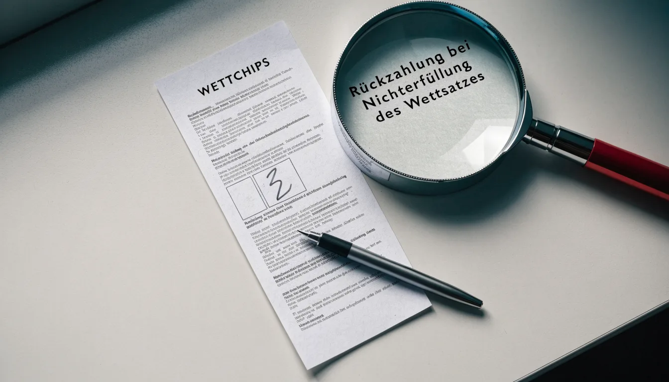 Ein leerer Wettschein aus Papier und ein Kugelschreiber liegen auf einem Schreibtisch neben einer Lupe.