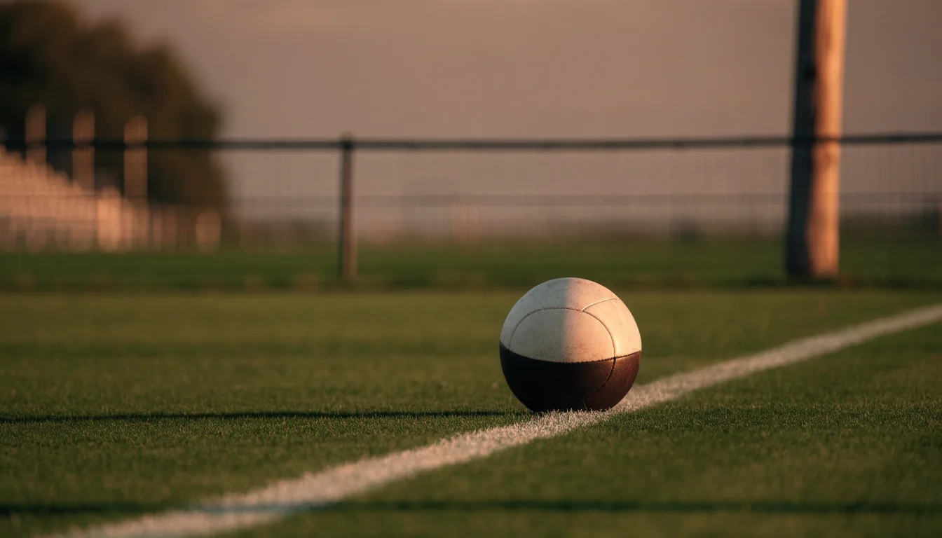 Ein Fußball liegt am Rand eines Rasens neben einer weißen Linie, im Hintergrund ein Zaun in der Abendsonne.